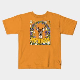 For The Love Of Michigan Deer and Iris Flower Kids T-Shirt